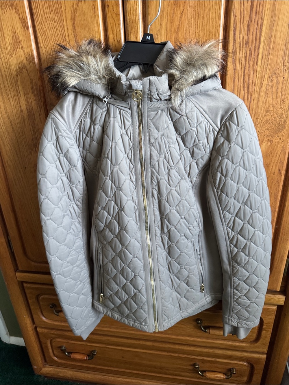 Michael Kors Light Tan Quilted Hooded Coat with Faux Fur Trim
